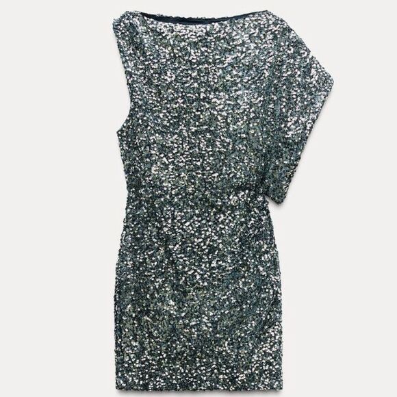 Zara Sequinned Mini Dress  with a boat neck and asymmetric sleeve Gray/Blue Sz L - Picture 1 of 12